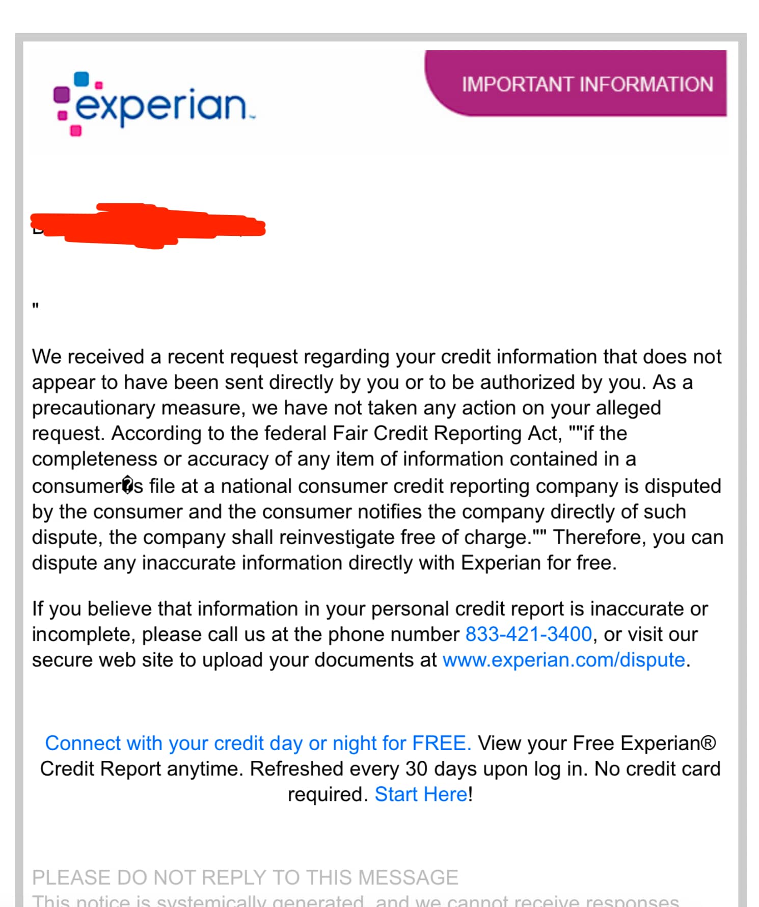 letter received from Experian denied dispute due to working with an unauthorized third party credit repair service.